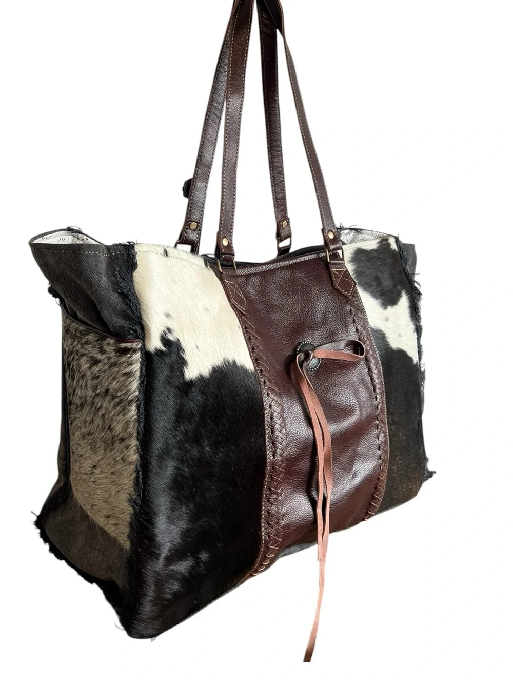 Myra Bag Cowhide Weekender Tote Overnight Leather Western Boho Shoulder Carry-on - Picture 6 of 13
